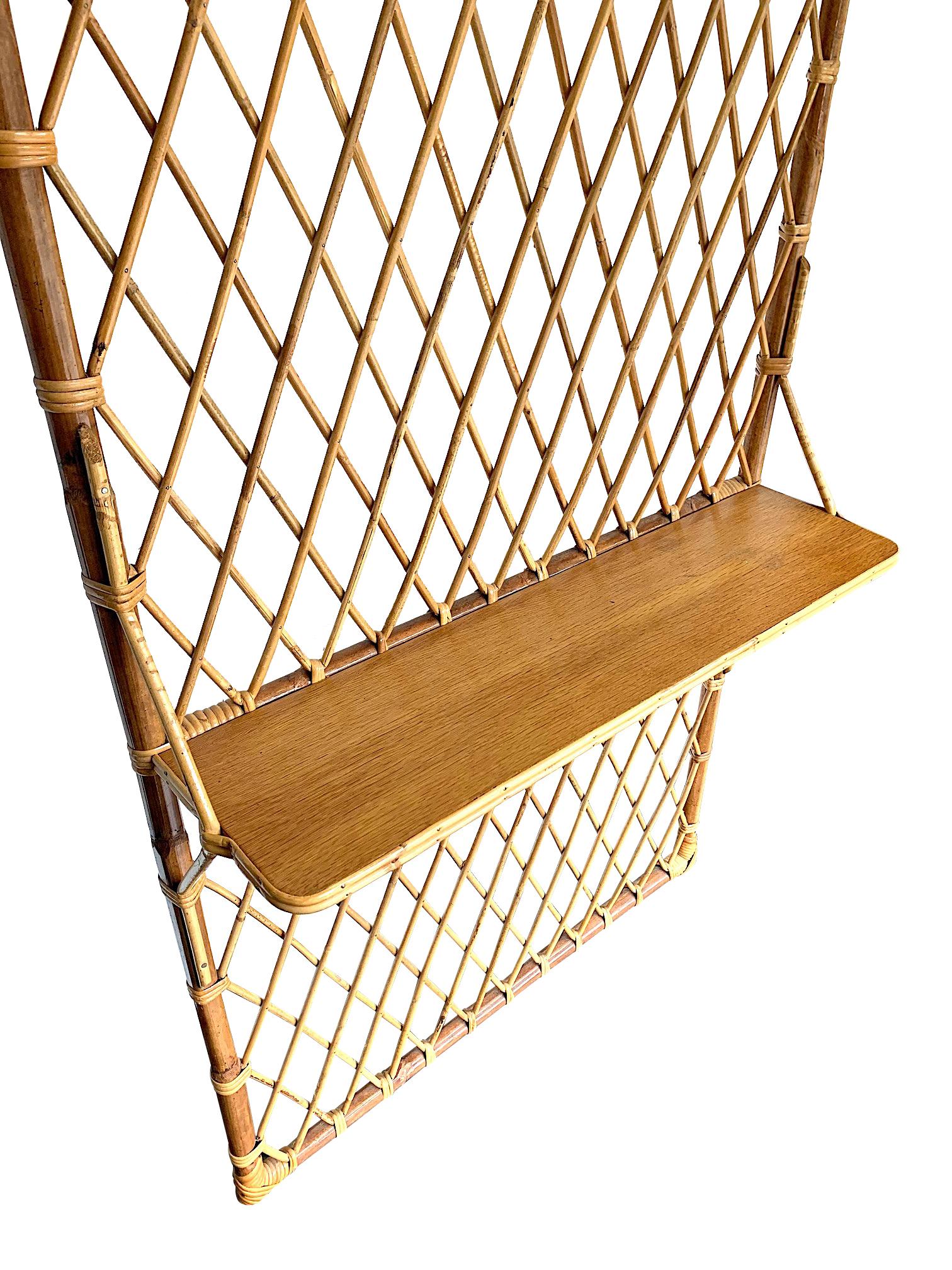 1970s French Riviera Rattan and Bamboo Coat Rack with Wooden Shelf For Sale 6