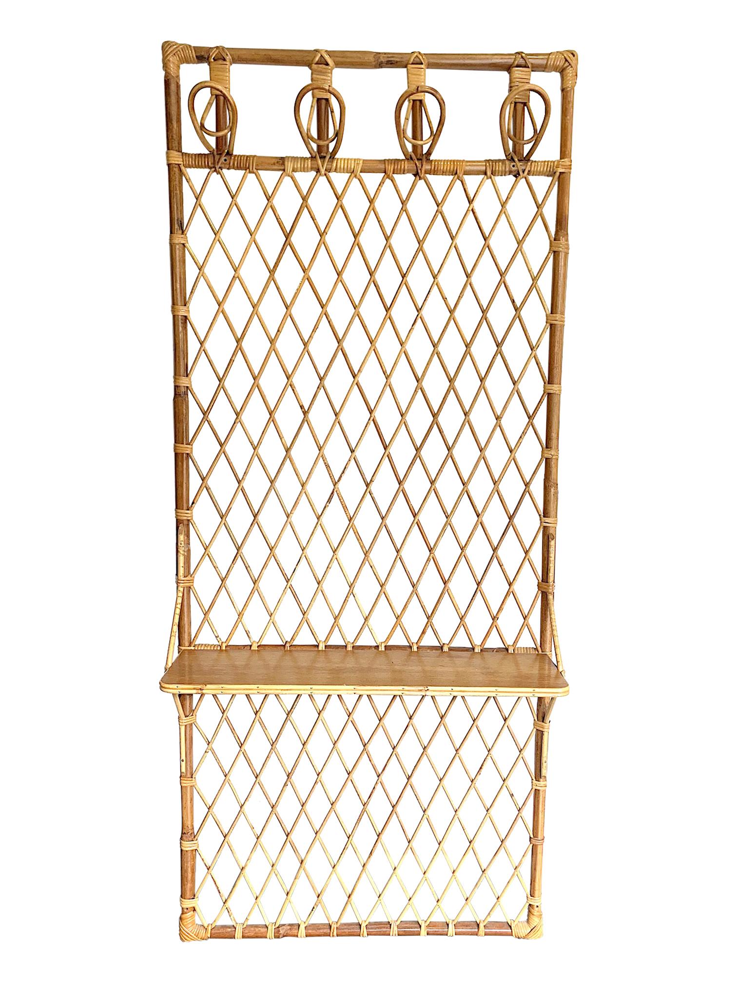Mid-Century Modern 1970s French Riviera Rattan and Bamboo Coat Rack with Wooden Shelf For Sale
