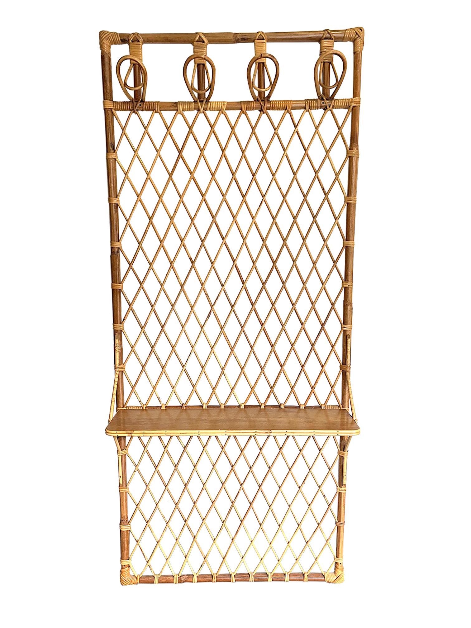 1970s French Riviera Rattan and Bamboo Coat Rack with Wooden Shelf For Sale 2