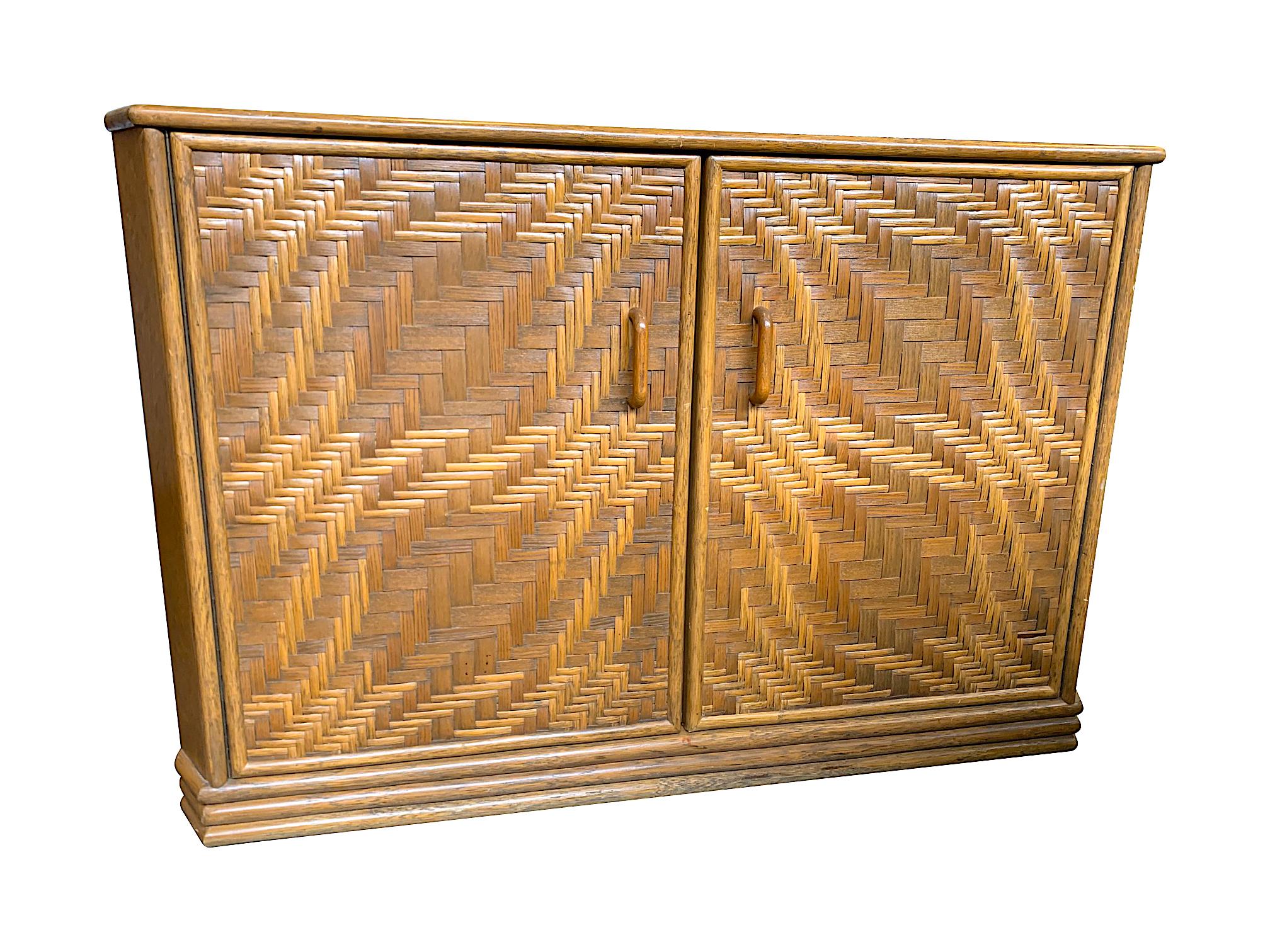 Mid-Century Modern 1970s French Riviera Two Door Bamboo and Rattan Side Cabinet For Sale