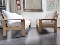 A 1970's French Two-Seater Pine Sofas with French Linen Upholstery