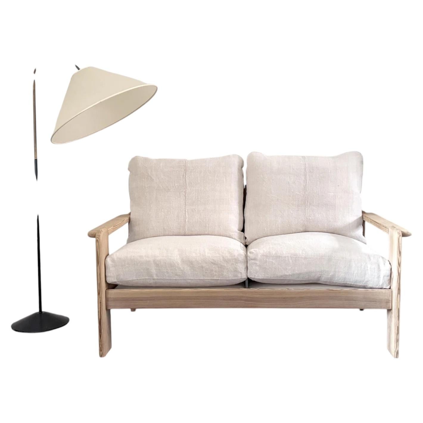 A 1970's French Two-Seater Pine Sofas with French Linen Upholstery For Sale
