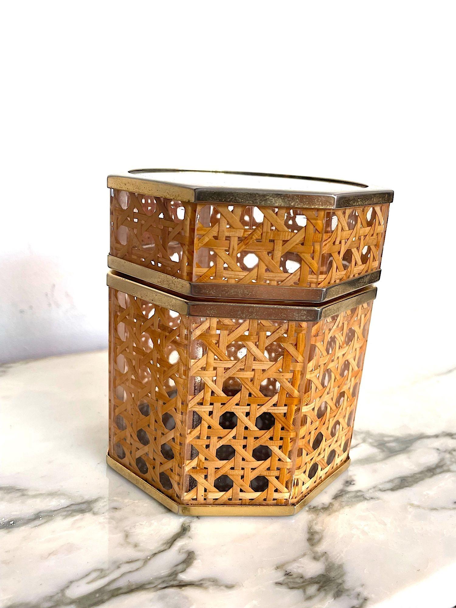 Brass 1970s, Rattan Faux and Tortoiseshell Jewelry Box