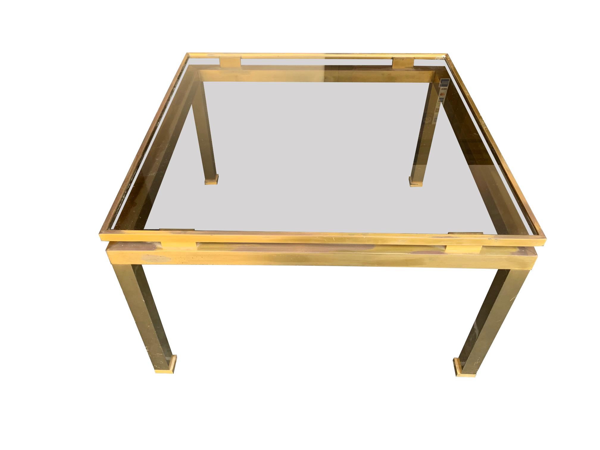 Mid-Century Modern 1970s Guy Lefevre Solid Brass Side Table with Smoked Glass Top For Sale