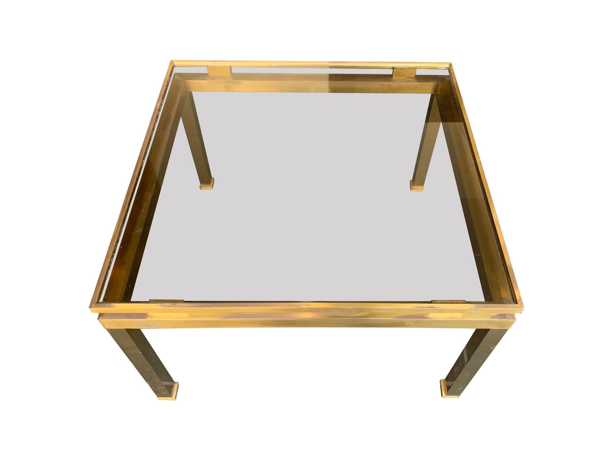 French 1970s Guy Lefevre Solid Brass Side Table with Smoked Glass Top For Sale