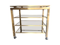 1970s Guy Lefevre Style Gilt Metal Bar Trolley with Four Smoke Glass Shelves