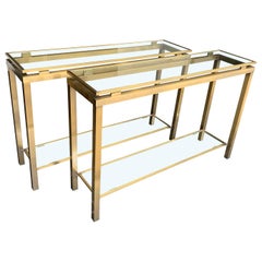 1970s Guy Lefevre Style Gilt Metal Consoles with Two Glass Shelves