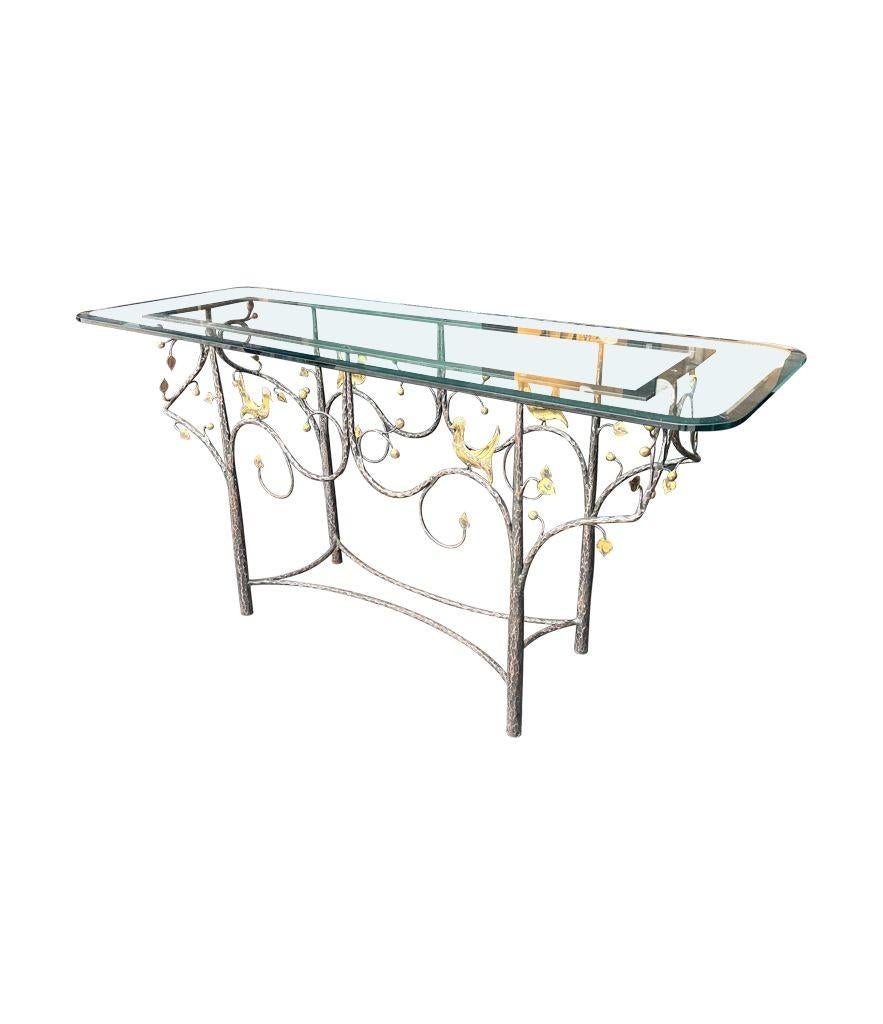 French A 1970s handmade wrought iron console table with glass or solid marble top For Sale