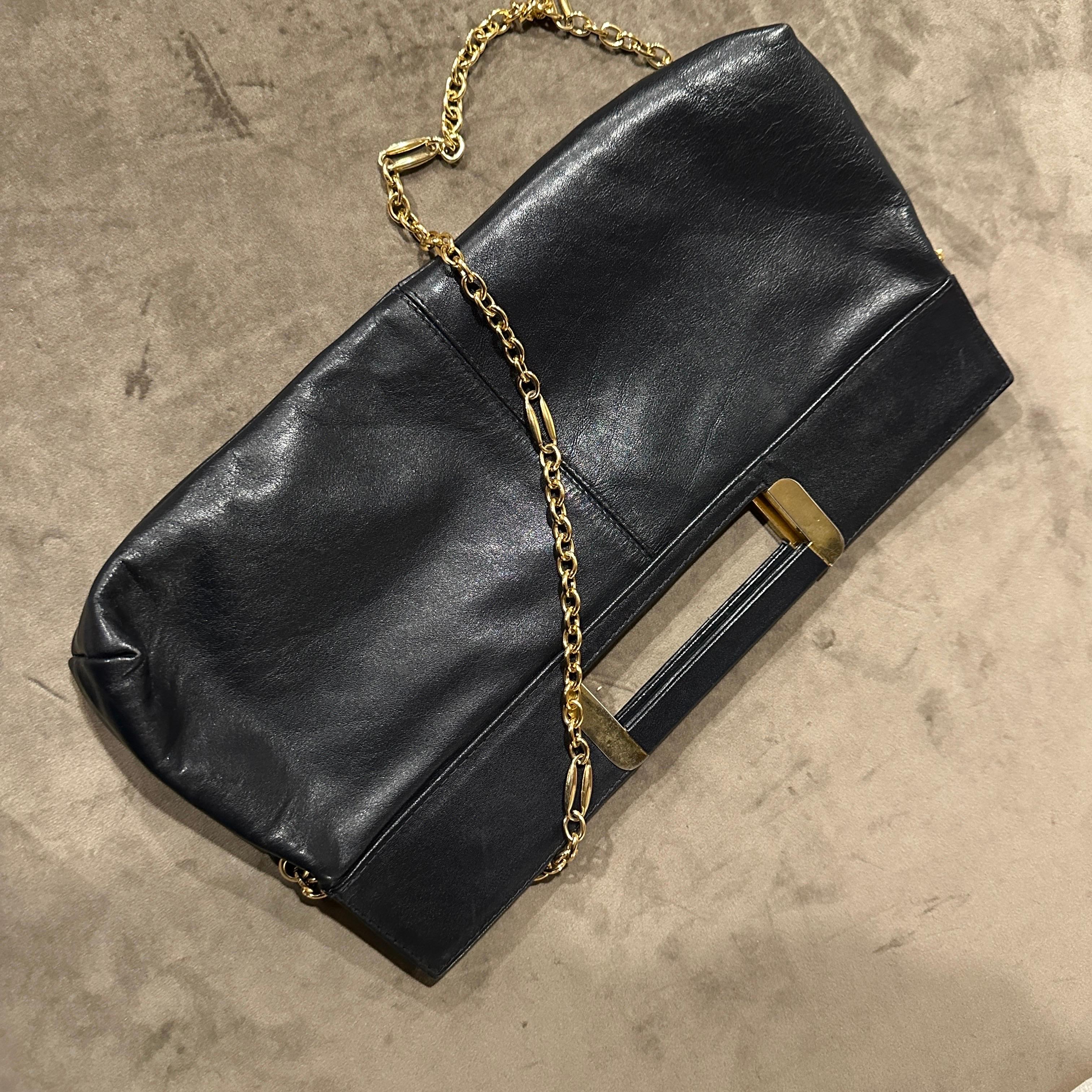 Women's or Men's A 1970s High Quality Black Leather and Brass Italian Shoulder Bag For Sale