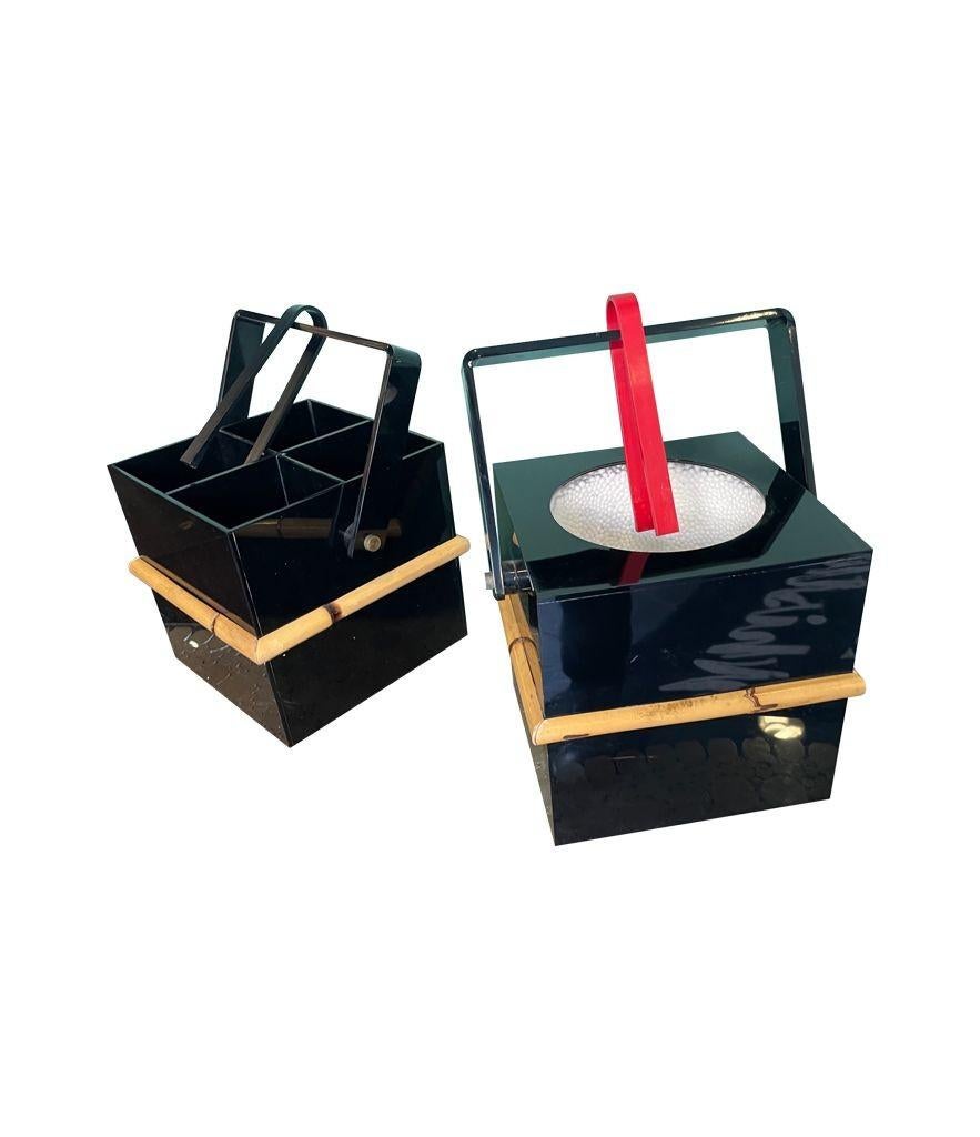 A 1970s Italian bar set with ice bucket with lid and bottle holder with bamboo For Sale 3