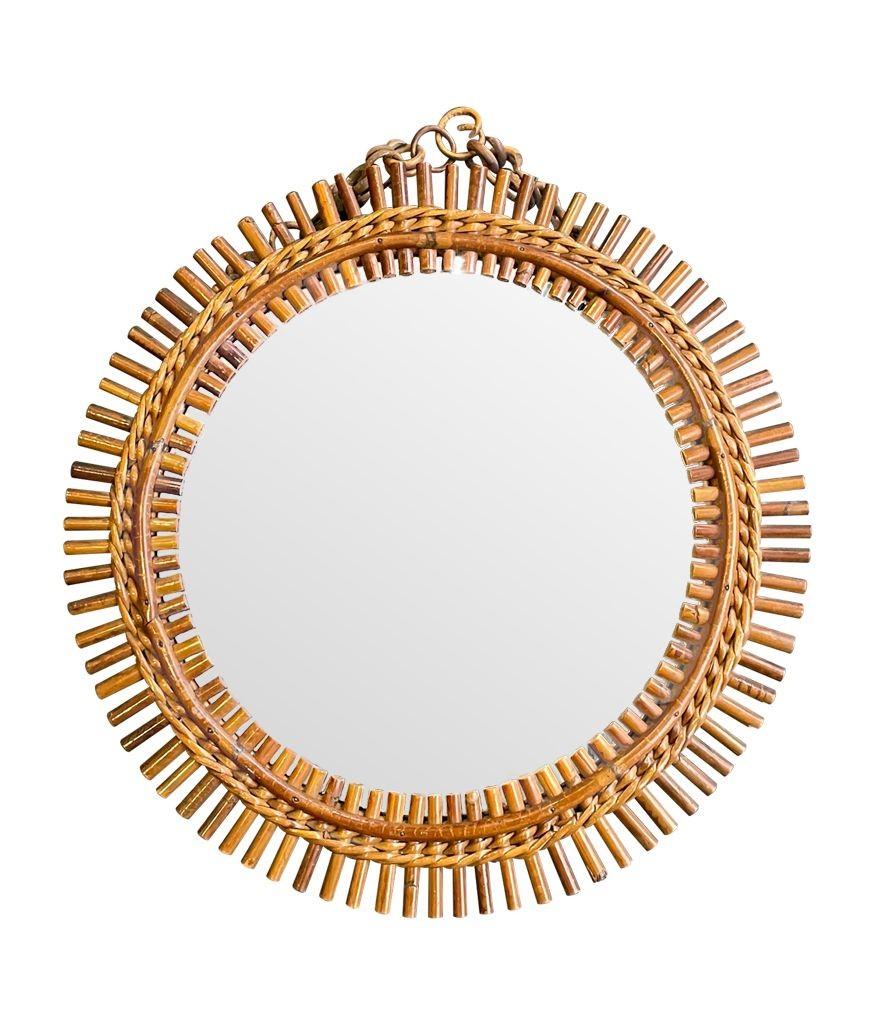 20th Century 1970s Italian Circular Pencil Reed Bamboo Mirror with Bamboo Hanging Chain