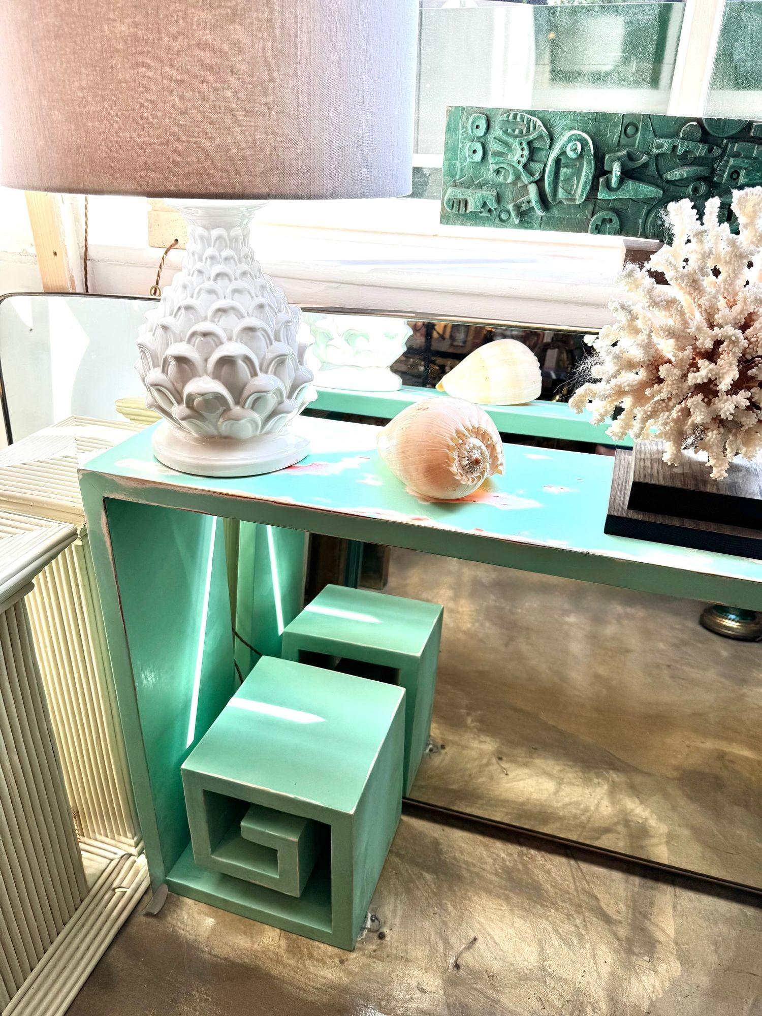 A 1970s Italian console table with greek key design and distressed beach finish For Sale 8