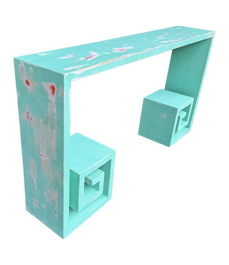 Minimalist A 1970s Italian console table with greek key design and distressed beach finish For Sale