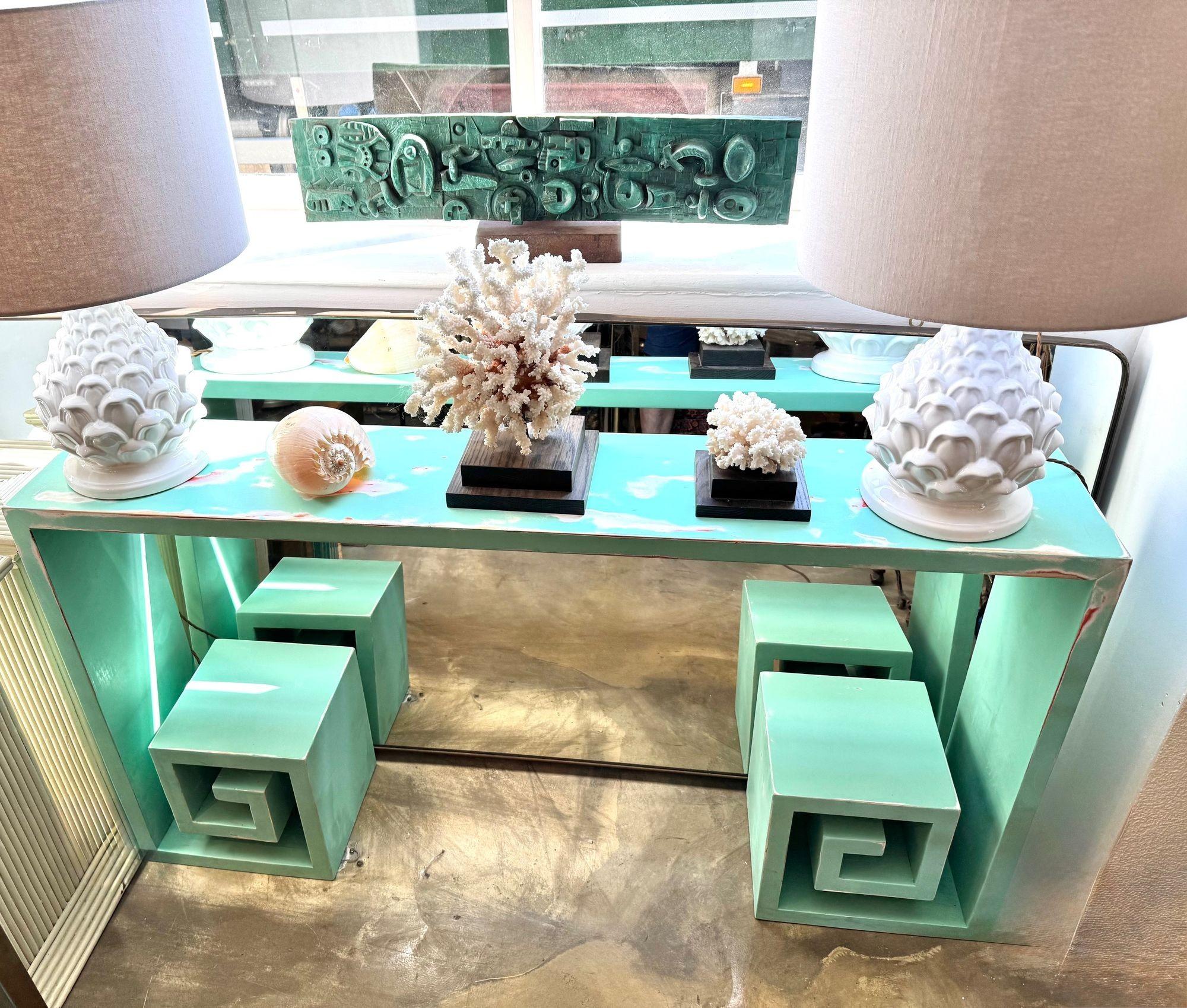 A 1970s Italian console table with greek key design and distressed beach finish In Good Condition For Sale In London, GB
