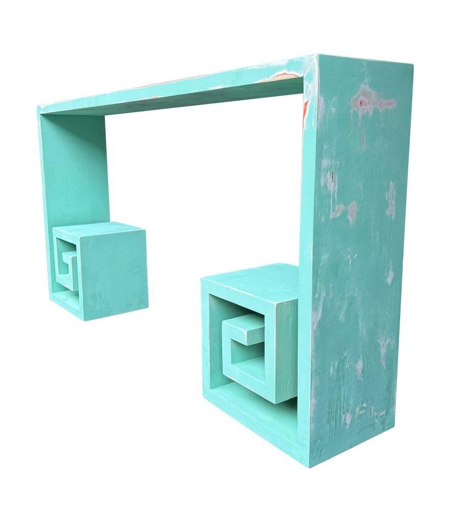 20th Century A 1970s Italian console table with greek key design and distressed beach finish For Sale