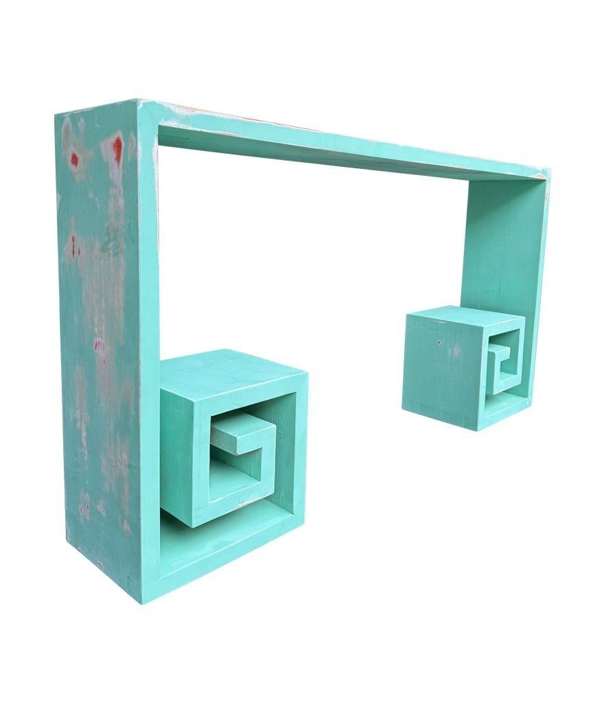 Wood A 1970s Italian console table with greek key design and distressed beach finish For Sale