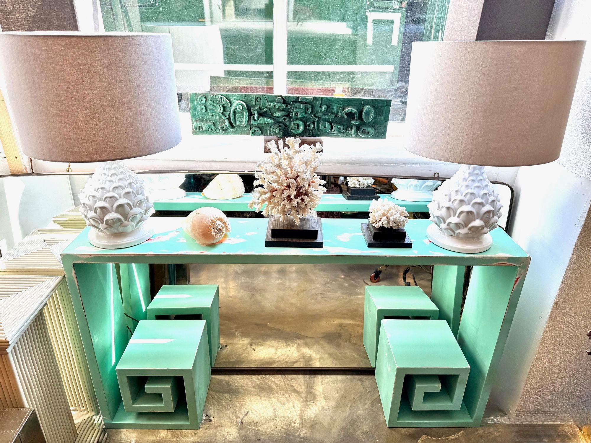 A 1970s Italian console table with greek key design and distressed beach finish For Sale 2