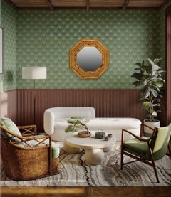 Espejo italiano octogonal de bambú de los años 70 con marco de bambú y centro de ratán