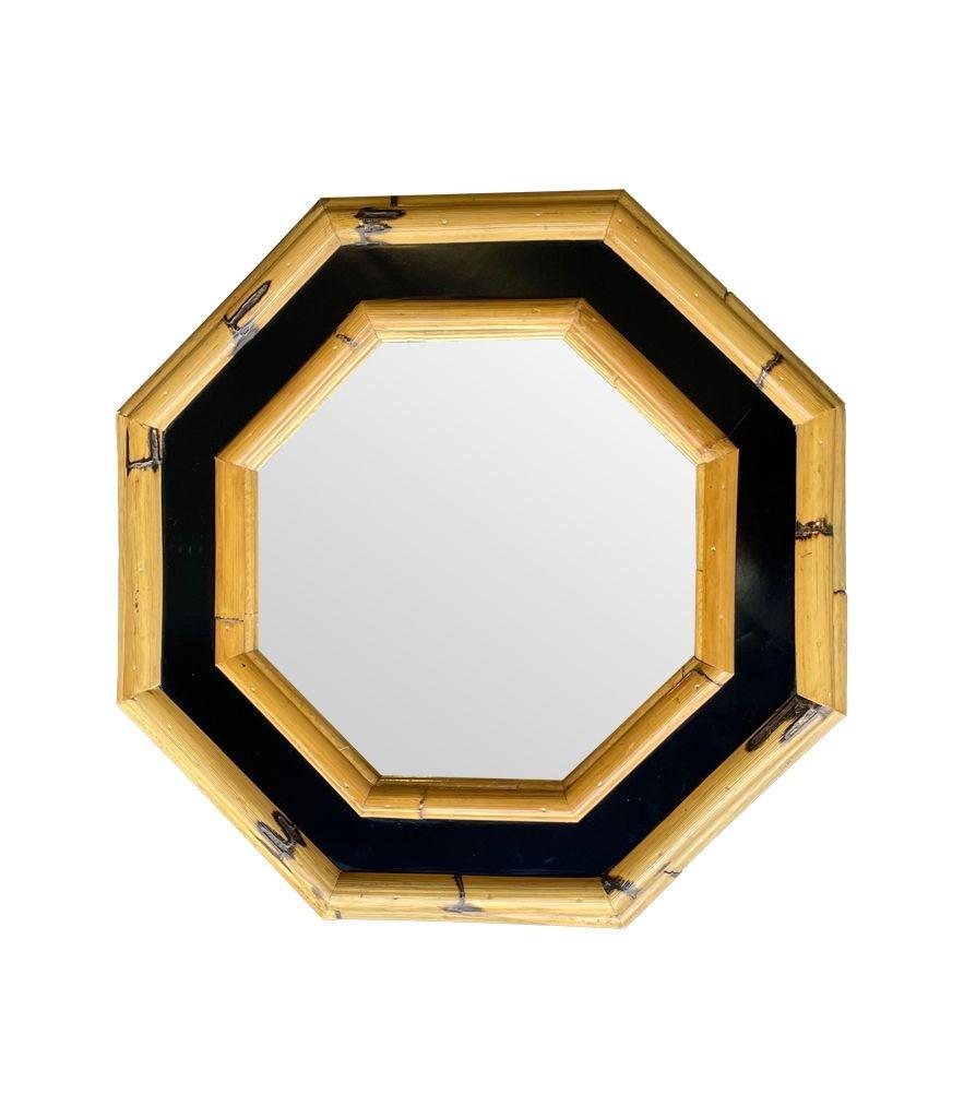 Mid-Century Modern A 1970s Italian octagonal bamboo mirror with black laminated centre For Sale