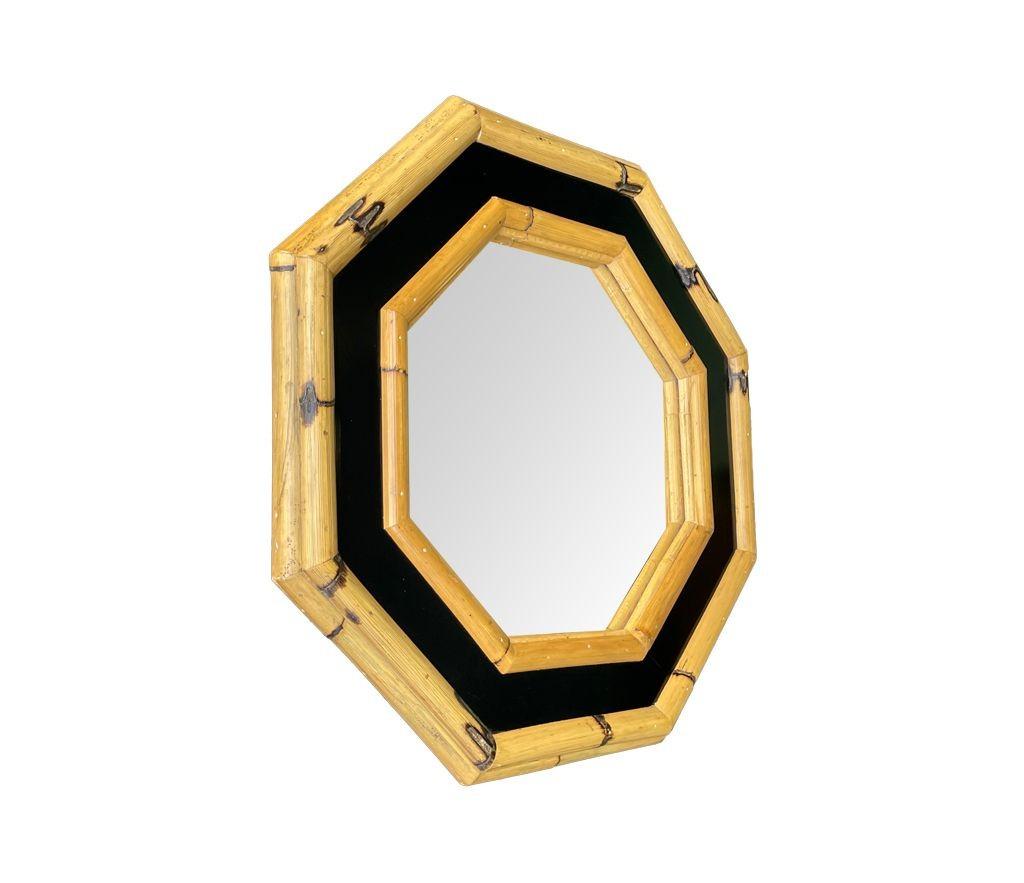 A 1970s Italian octagonal bamboo mirror with black laminated centre In Good Condition For Sale In London, GB