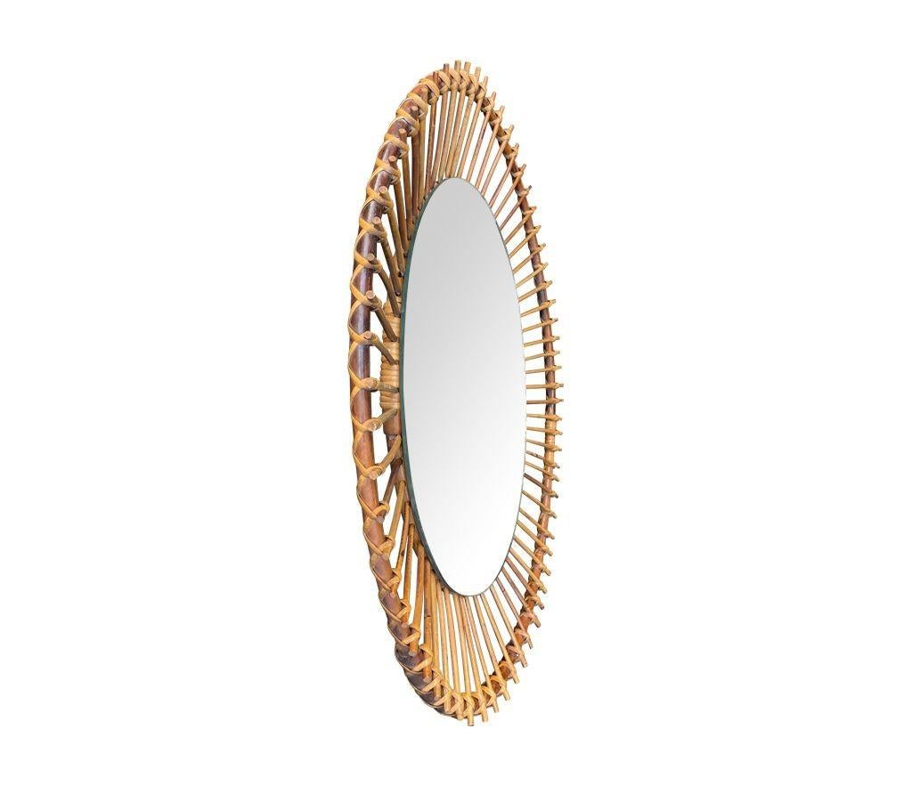 A 1970s Italian oval pencil reed bamboo mirror with orignal mirror plate In Good Condition For Sale In London, GB