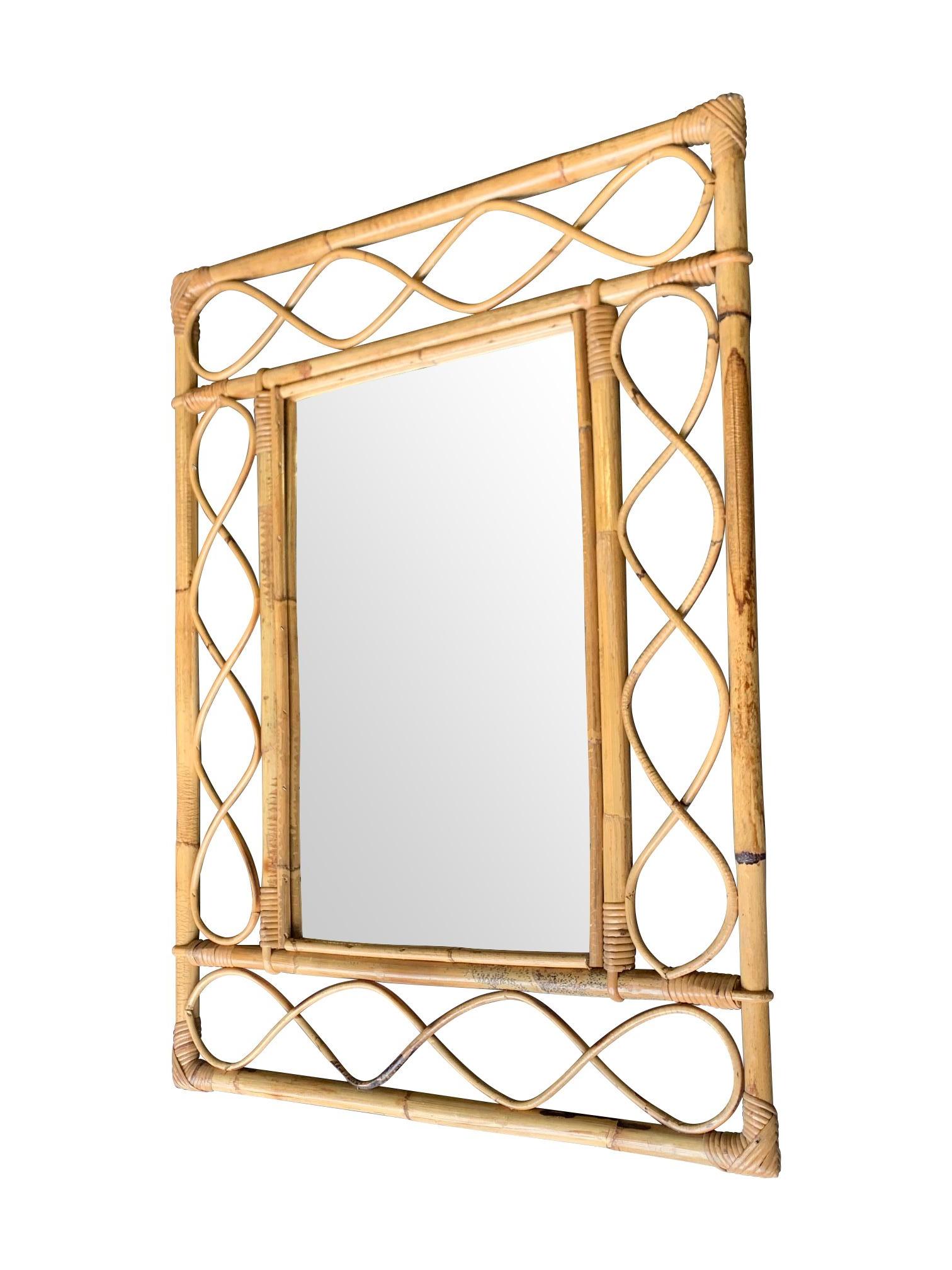 Mid-Century Modern 1970s Italian Riviera Rectangular Bamboo Mirror