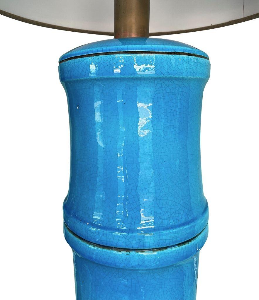 A 1970s large Italian faux bamboo ceramic blue lamp with brass fittings For Sale 4