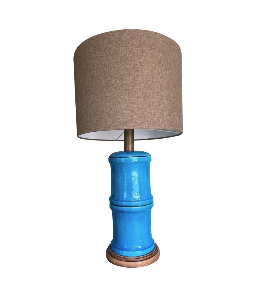 A 1970s large Italian faux bamboo ceramic blue lamp with brass fittings For Sale 5