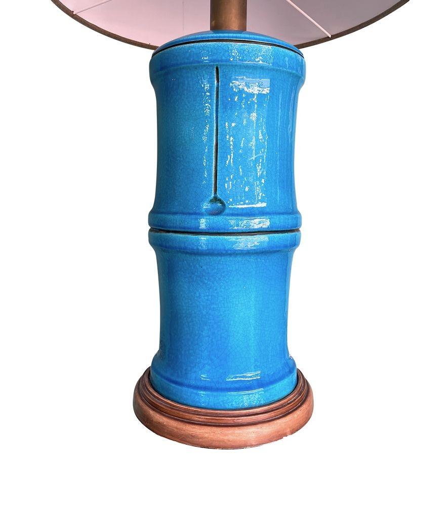 A 1970s large Italian faux bamboo ceramic blue lamp with brass fittings For Sale 6