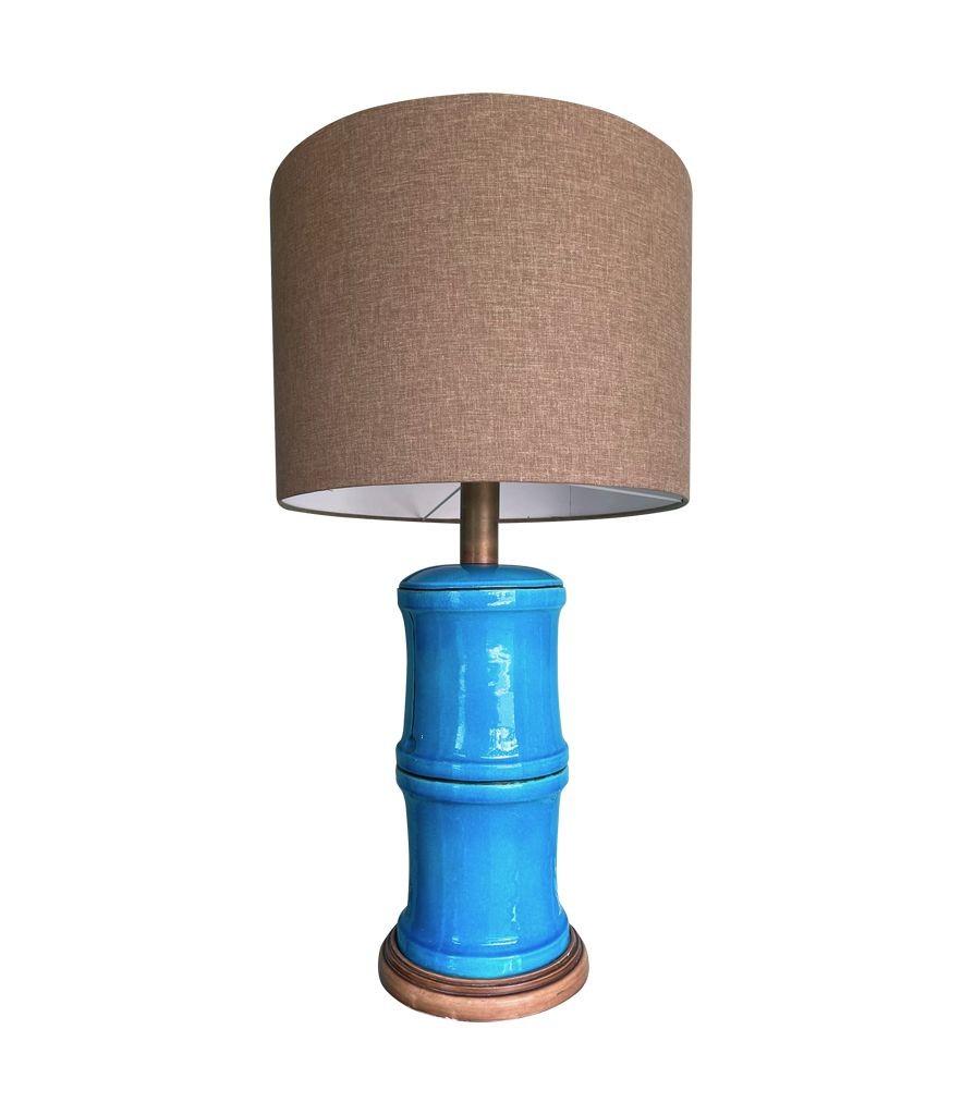A 1970s large Italian faux bamboo ceramic blue lamp with brass fittings For Sale 7