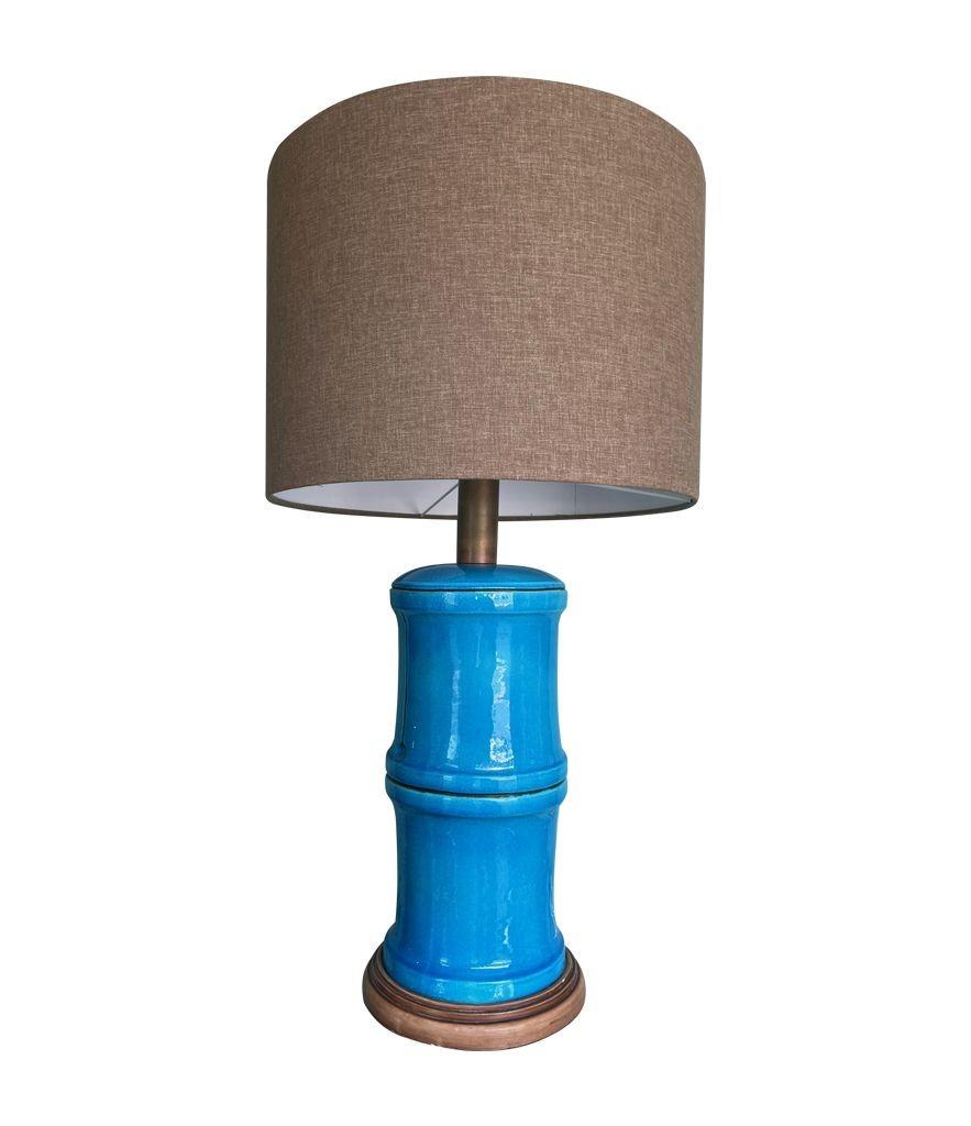 A 1970s large Italian faux bamboo ceramic blue lamp with brass fittings For Sale 9