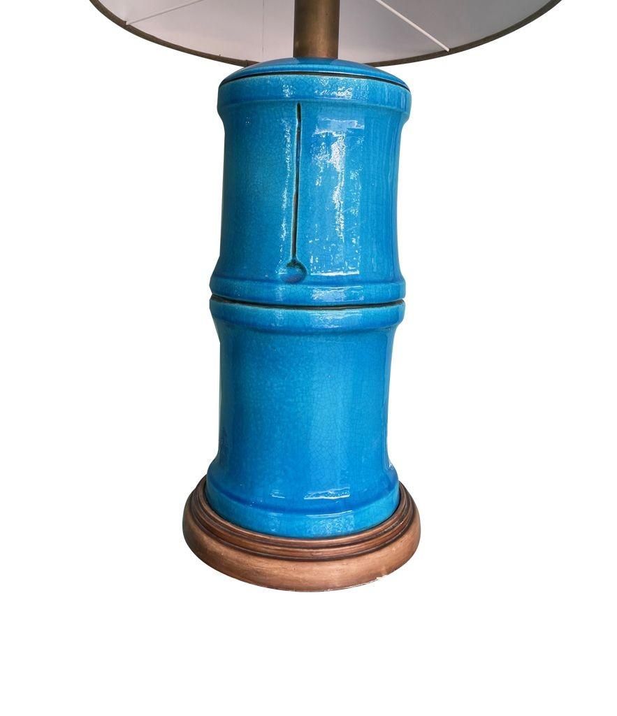 A 1970s large Italian faux bamboo ceramic blue lamp with brass fittings For Sale 10