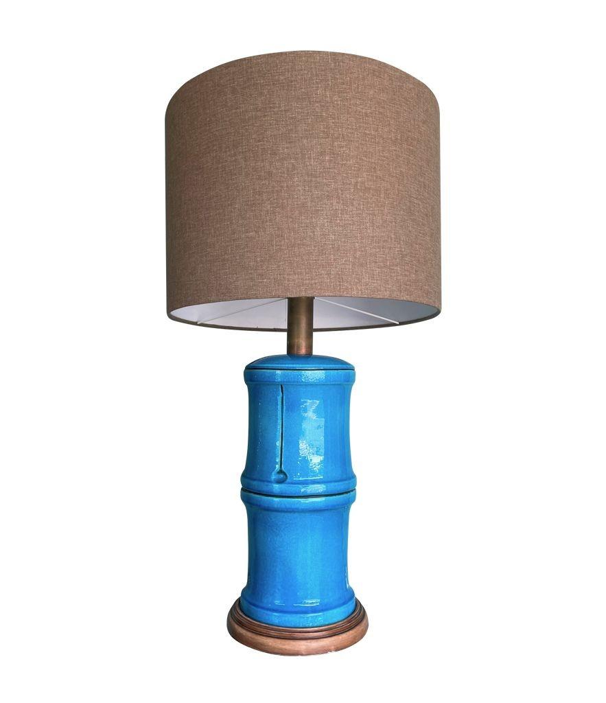 A 1970s large Italian faux bamboo ceramic blue lamp with brass fittings For Sale 11