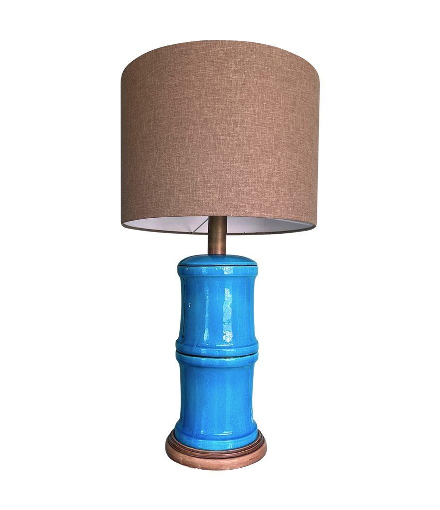 Brass A 1970s large Italian faux bamboo ceramic blue lamp with brass fittings For Sale