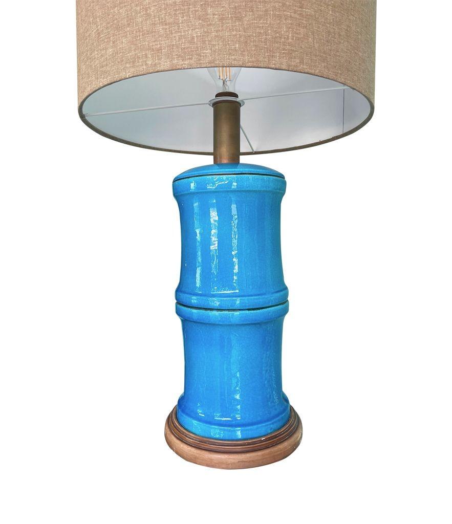 A 1970s large Italian faux bamboo ceramic blue lamp with brass fittings For Sale 1