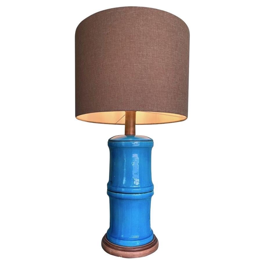 A 1970s large Italian faux bamboo ceramic blue lamp with brass fittings For Sale