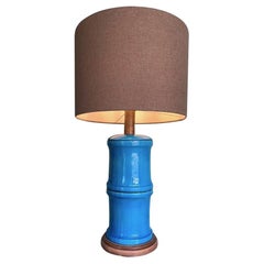 Vintage A 1970s large Italian faux bamboo ceramic blue lamp with brass fittings