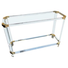1970s Lucite and Gilt Metal Console Table with Two Glass Shelves
