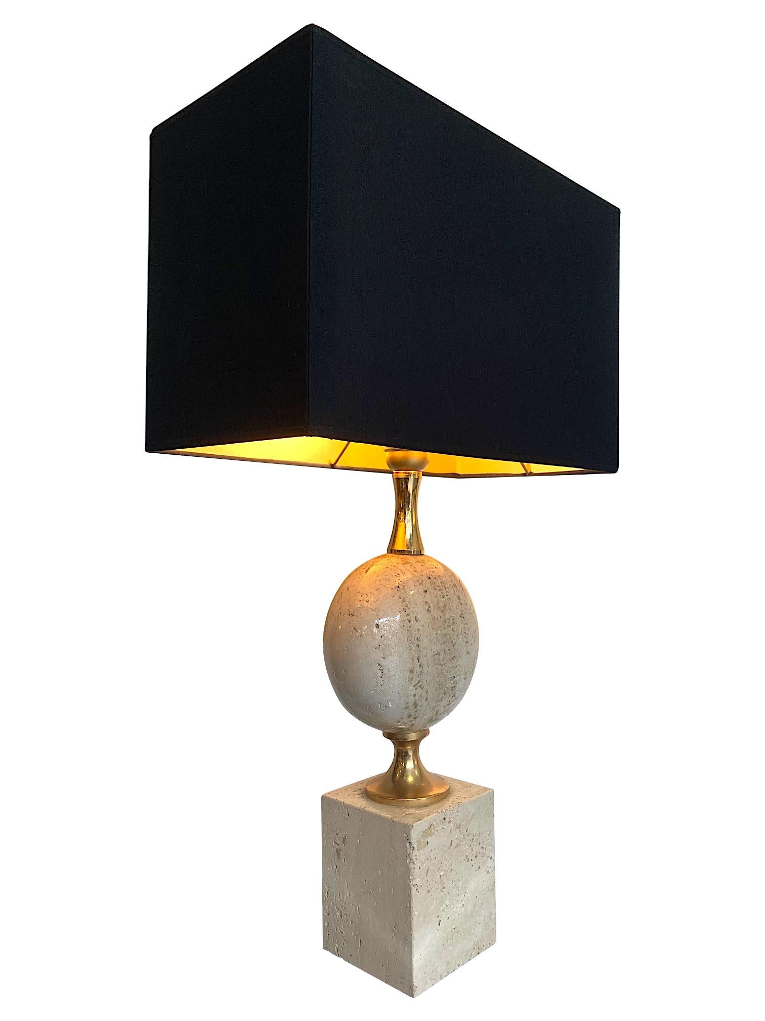 1970s Maison Barbier Travertine and Brass Lamp with New Bespoke Shade 4