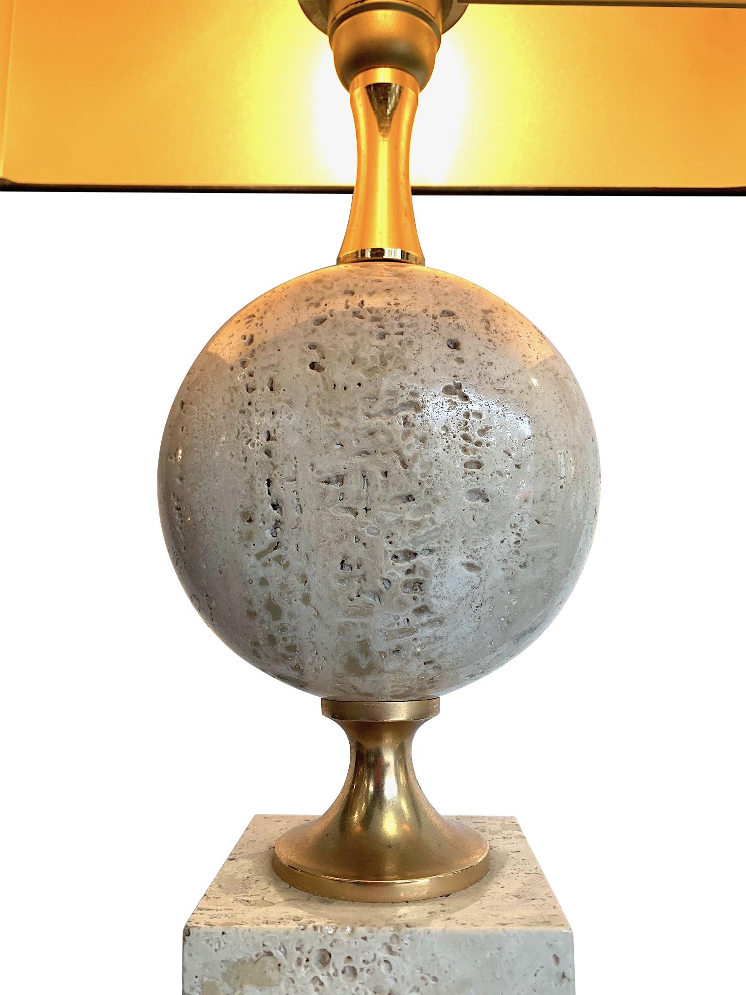 1970s Maison Barbier Travertine and Brass Lamp with New Bespoke Shade 5