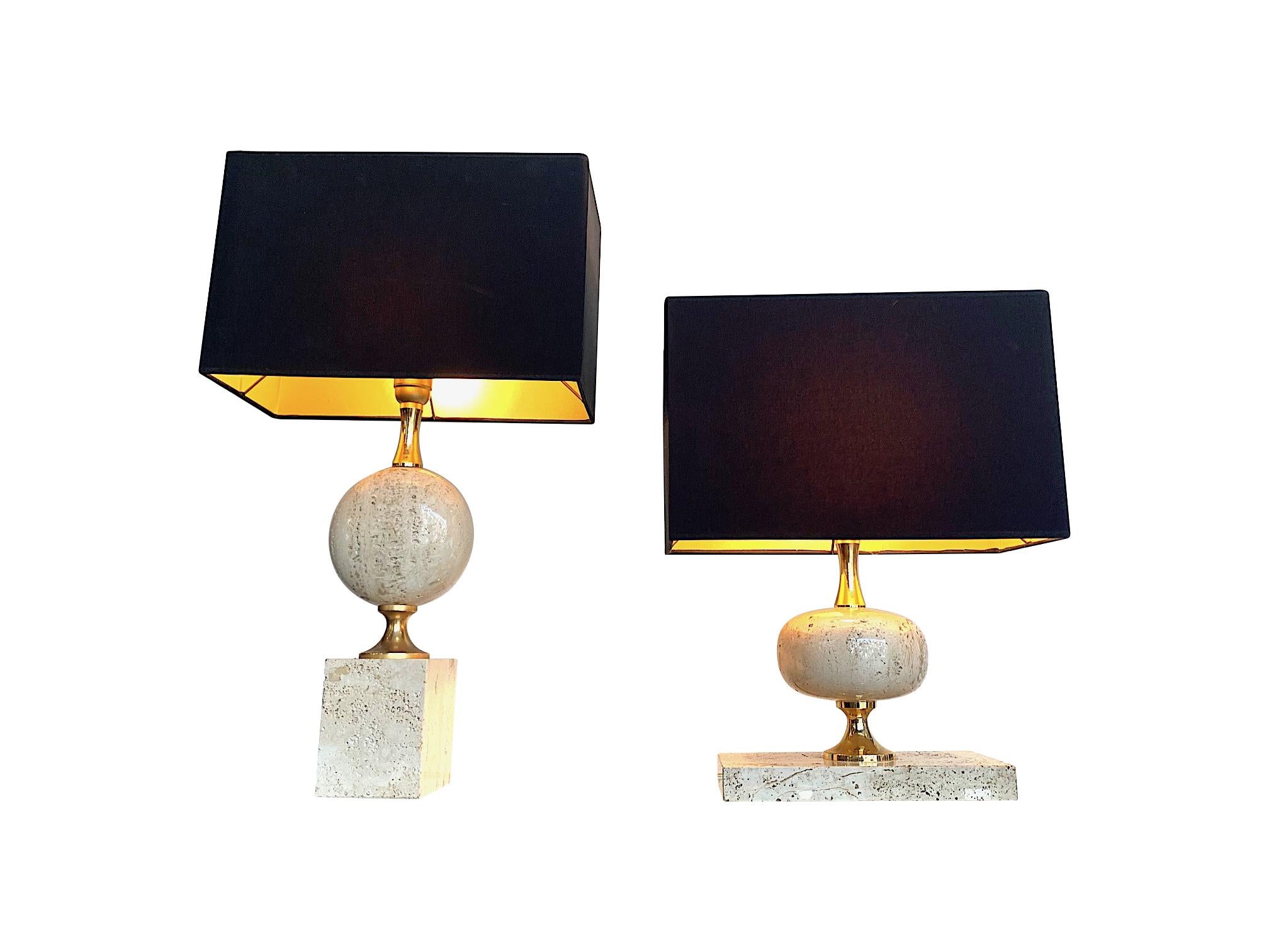 1970s Maison Barbier Travertine and Brass Lamp with New Bespoke Shade 9