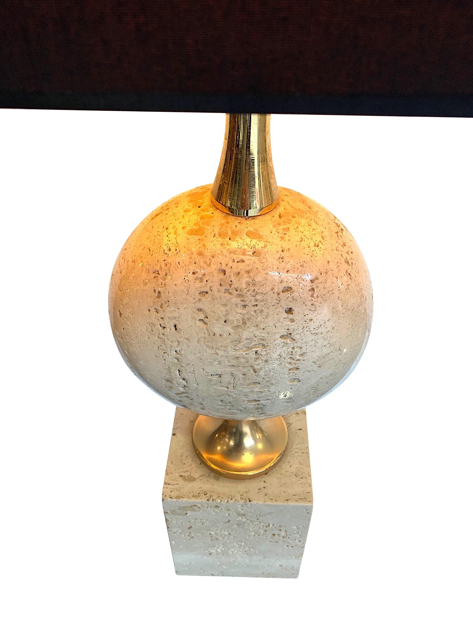 Mid-Century Modern 1970s Maison Barbier Travertine and Brass Lamp with New Bespoke Shade