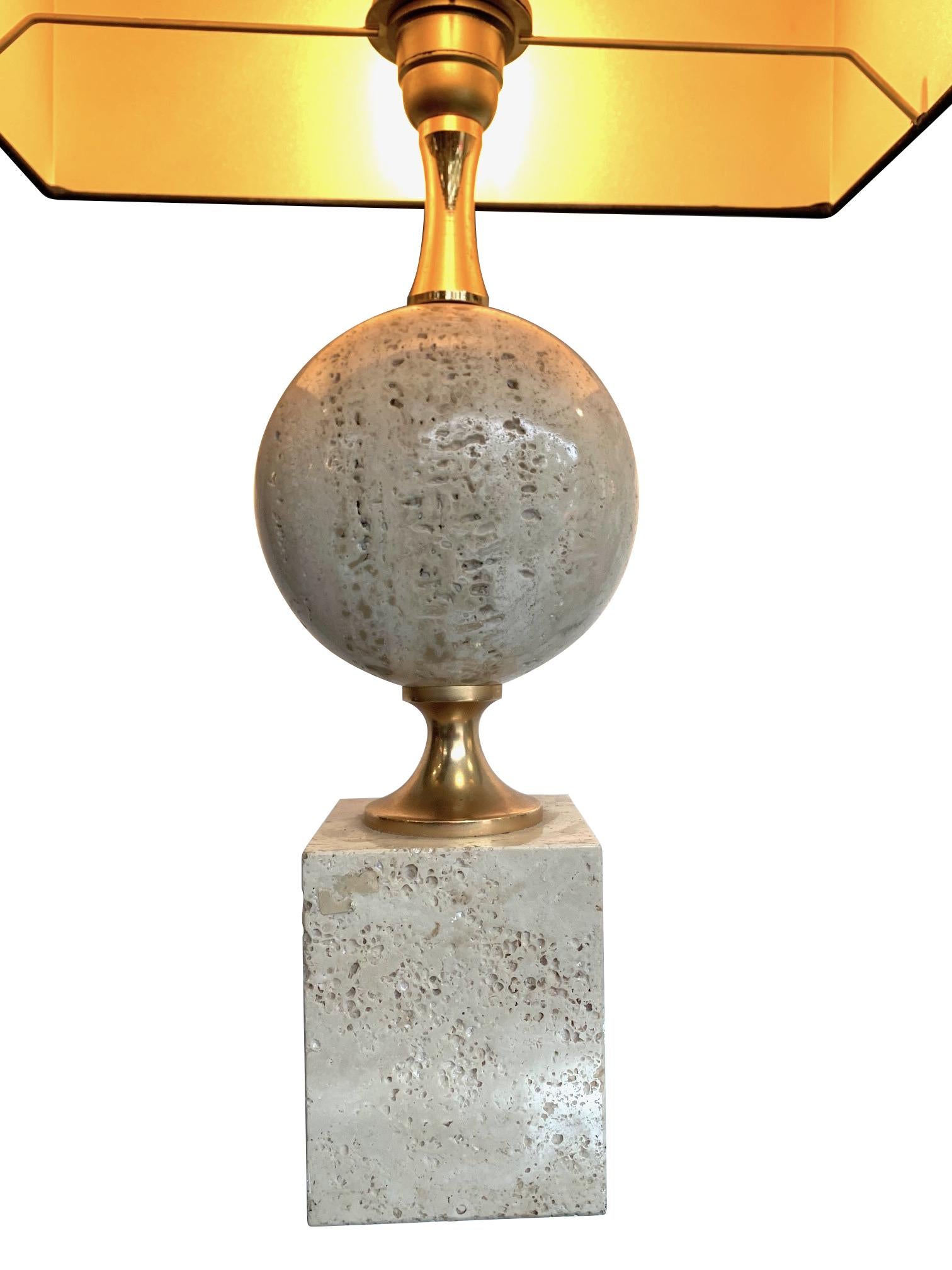 French 1970s Maison Barbier Travertine and Brass Lamp with New Bespoke Shade