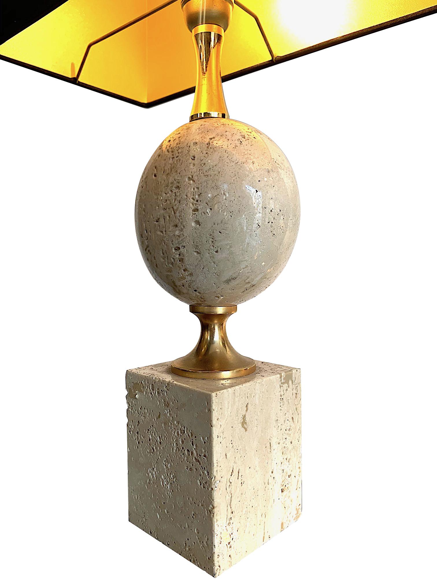 Late 20th Century 1970s Maison Barbier Travertine and Brass Lamp with New Bespoke Shade