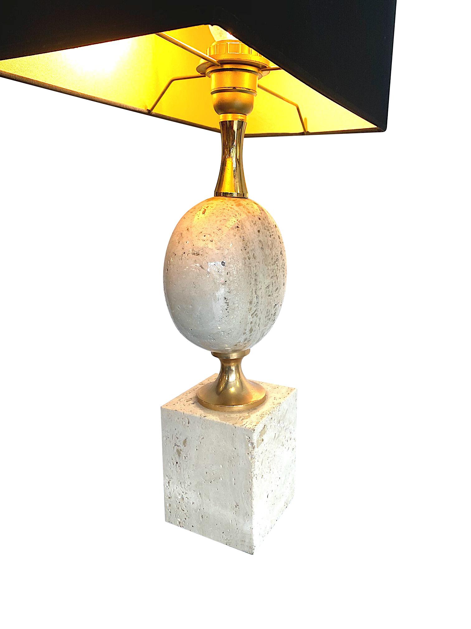 1970s Maison Barbier Travertine and Brass Lamp with New Bespoke Shade 1