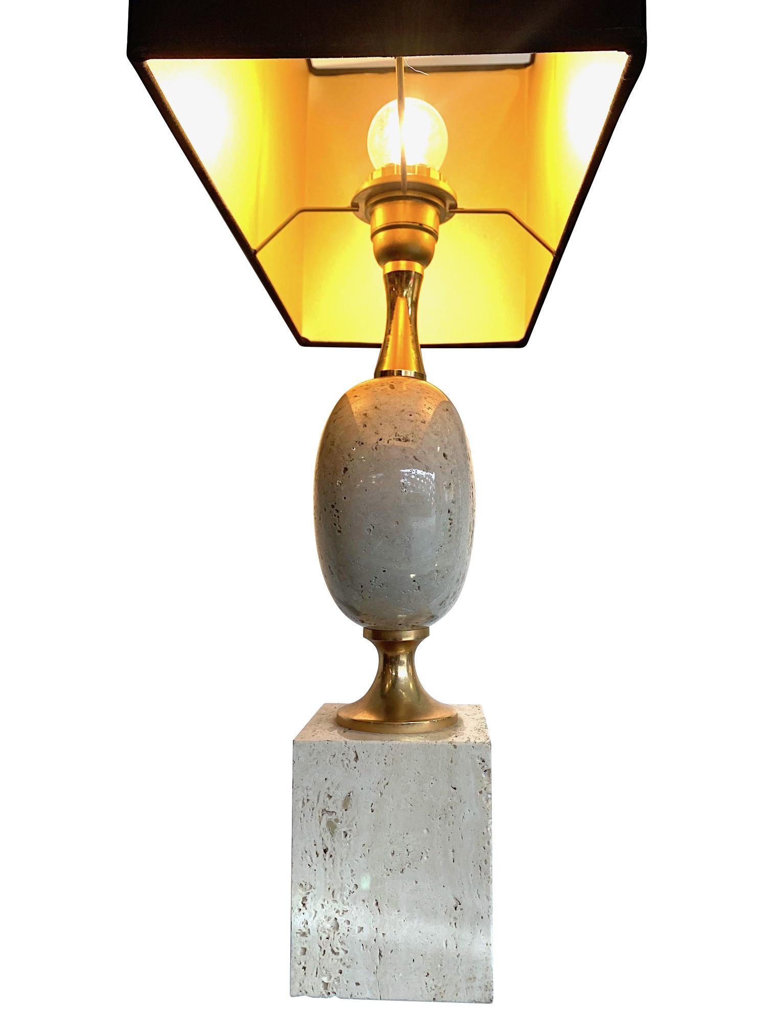 1970s Maison Barbier Travertine and Brass Lamp with New Bespoke Shade 2