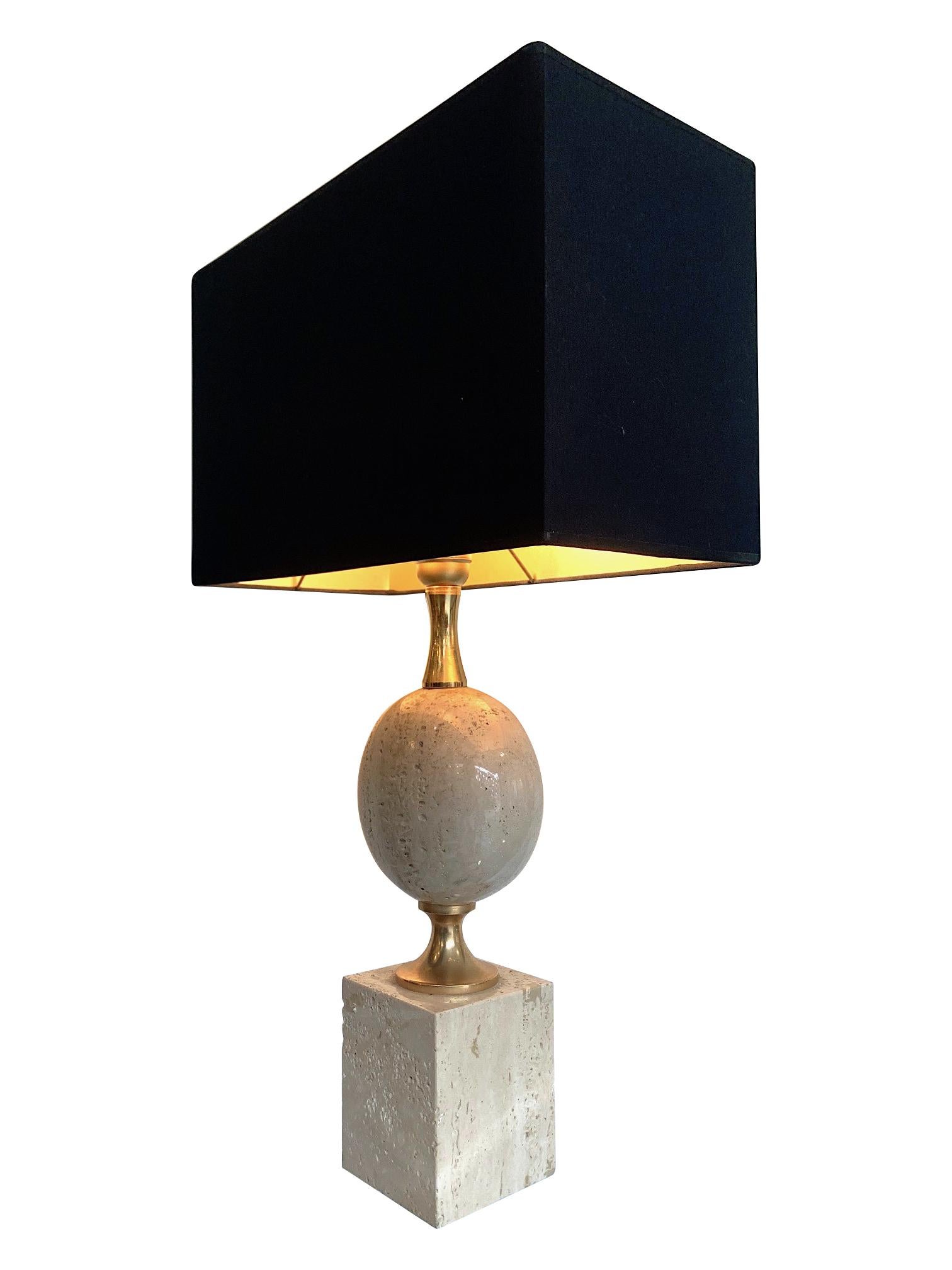 1970s Maison Barbier Travertine and Brass Lamp with New Bespoke Shade 3