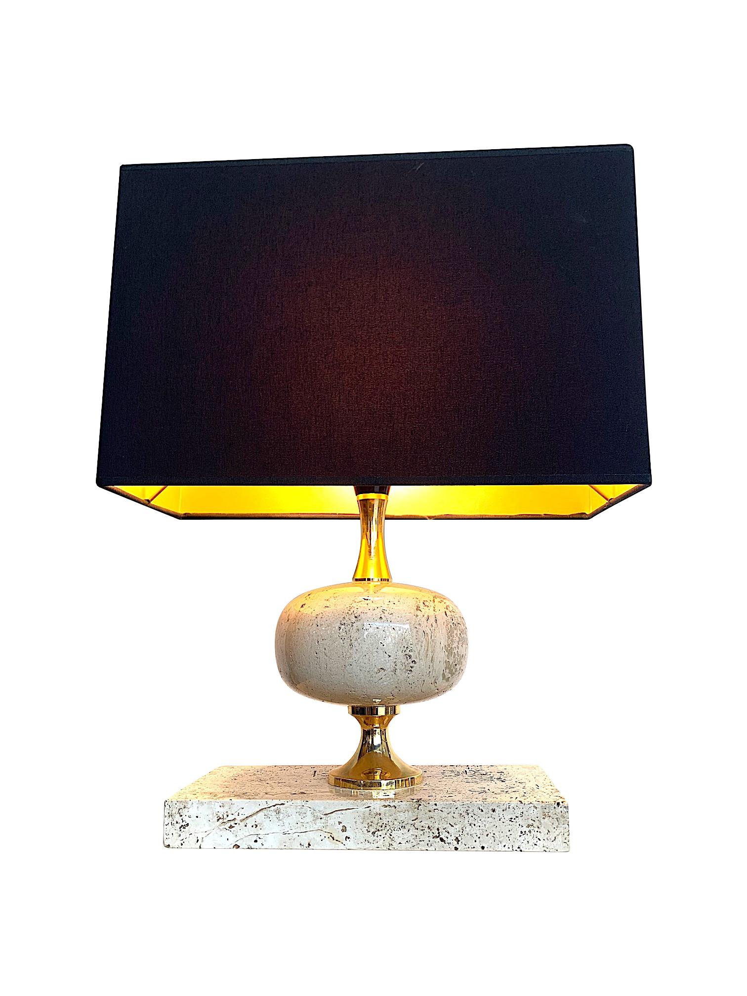 Mid-Century Modern 1970s Maison Barbier Travertine and Brass Lamps with New Bespoke Shade