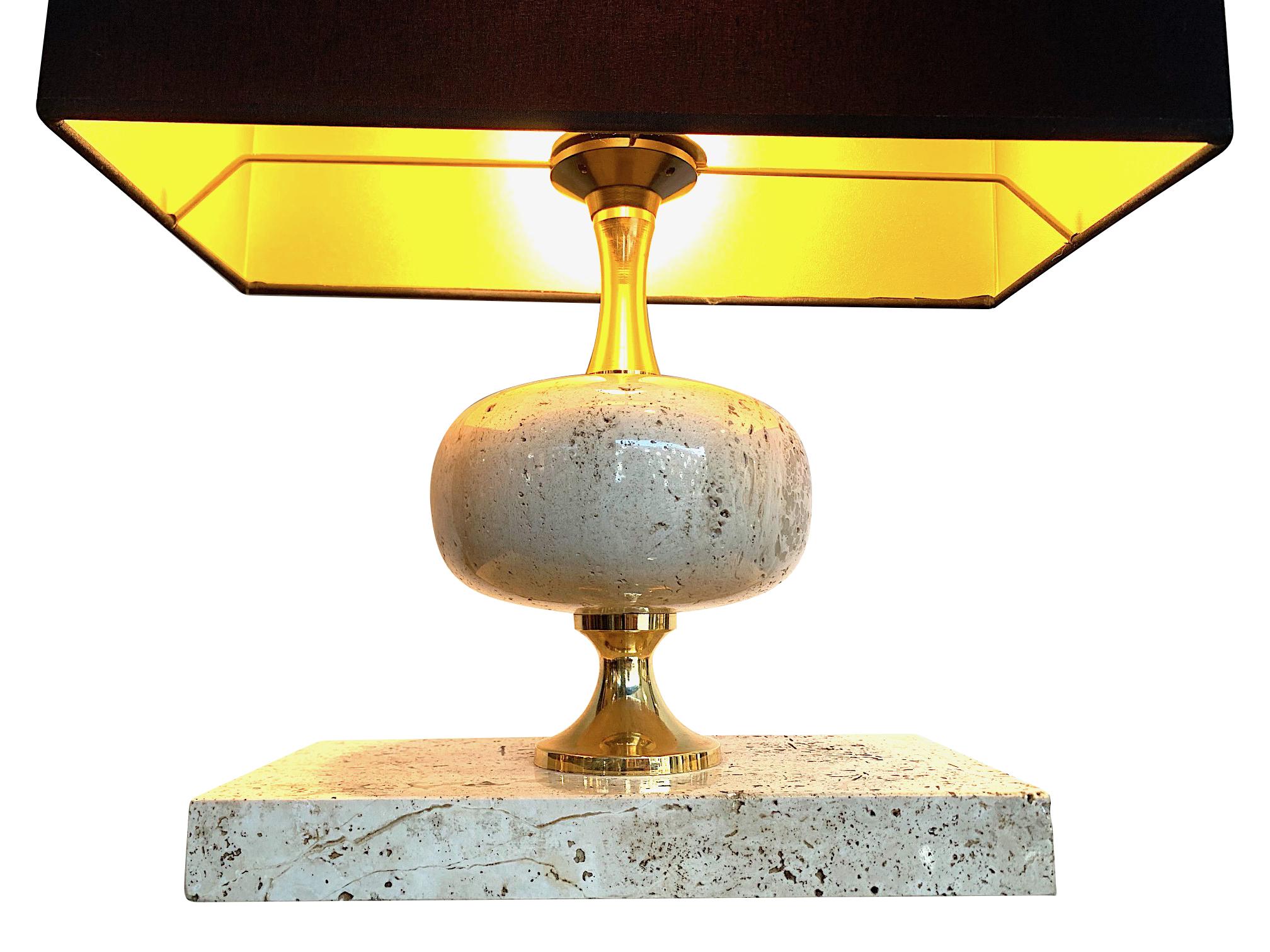 French 1970s Maison Barbier Travertine and Brass Lamps with New Bespoke Shade