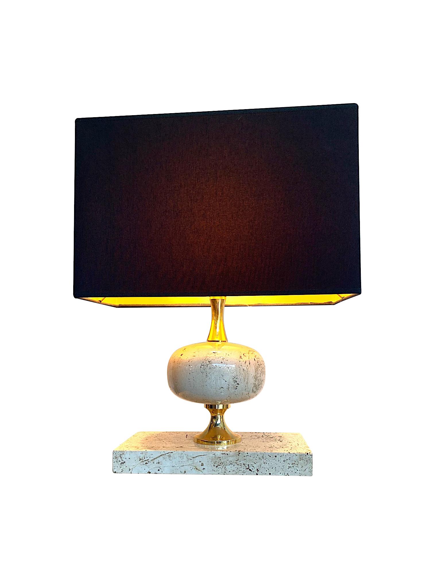 1970s Maison Barbier Travertine and Brass Lamps with New Bespoke Shade In Good Condition In London, GB